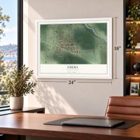 Emery, South Dakota map, 18 x 24 inch print in a white frame in a home office