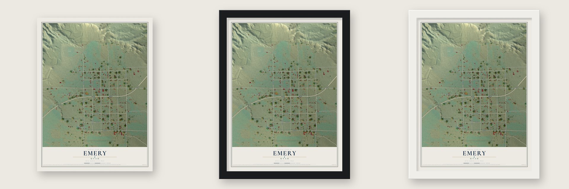 Emery, Utah map unframed, in a black wood frame and in a white wood frame