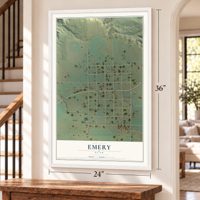 Emery, Utah map, 24 x 36 inch print in a white frame by a staircase