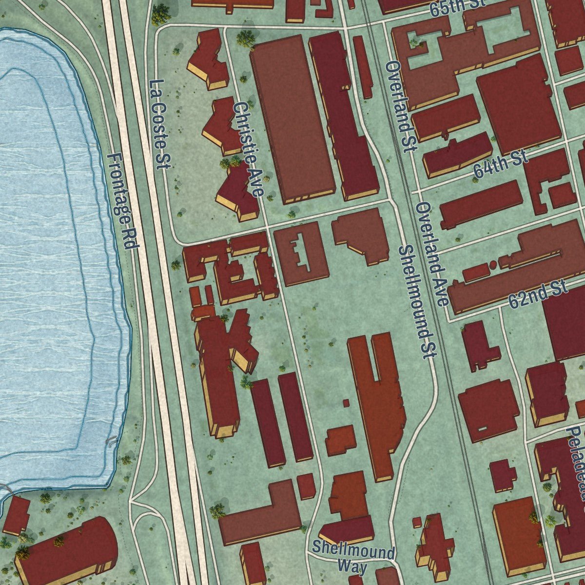 Second close-up of the map of Emeryville, California print showing more streets and buildings