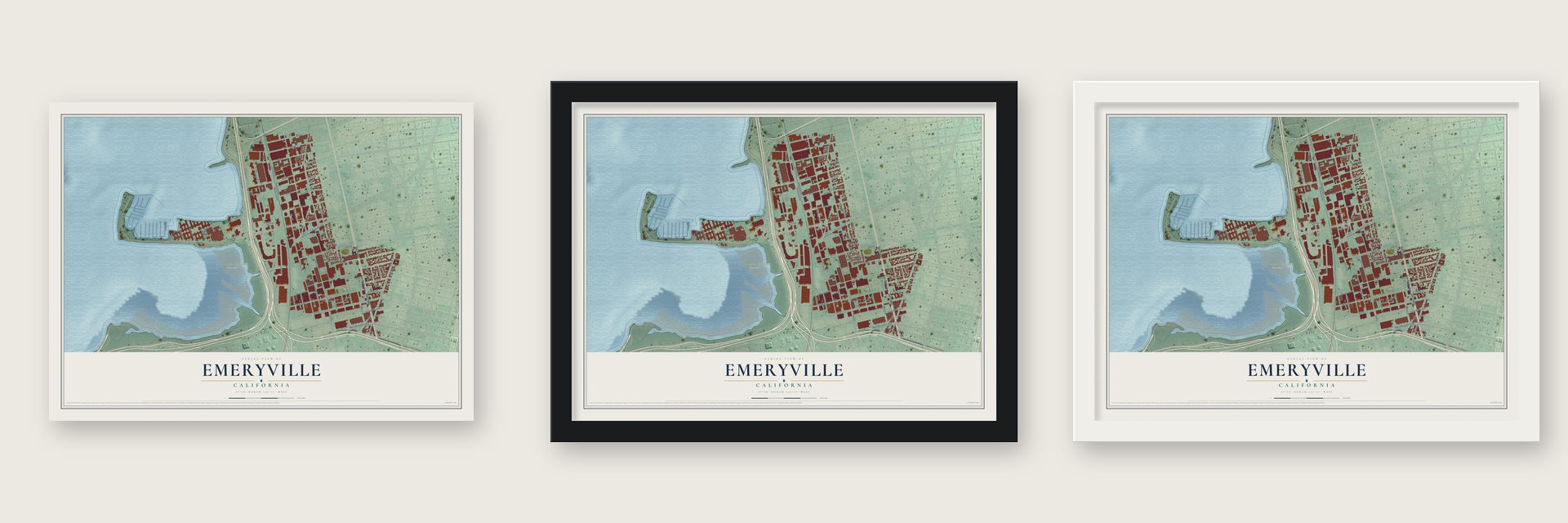 Emeryville, California map unframed, in a black wood frame and in a white wood frame