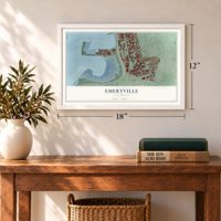 Emeryville, California map, 12 x 18 inch print in a white frame in an entryway