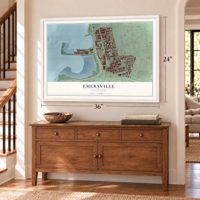 Emeryville, California map, 24 x 36 inch print in a white frame above a dresser by a staircase