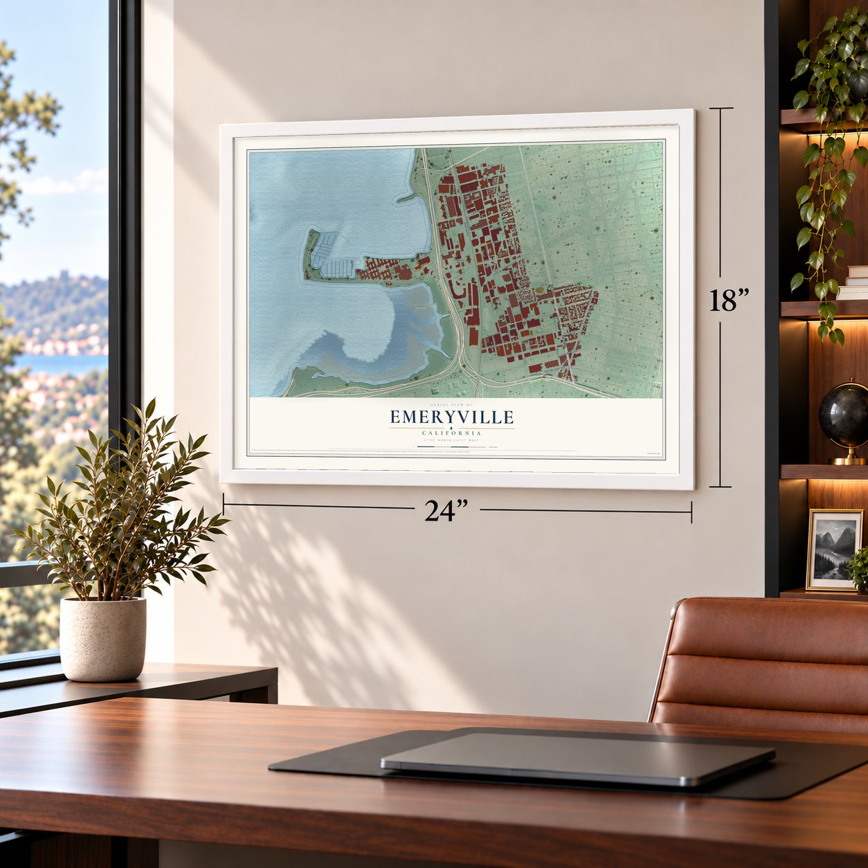 Emeryville, California map, 18 x 24 inch print in a white frame in a home office