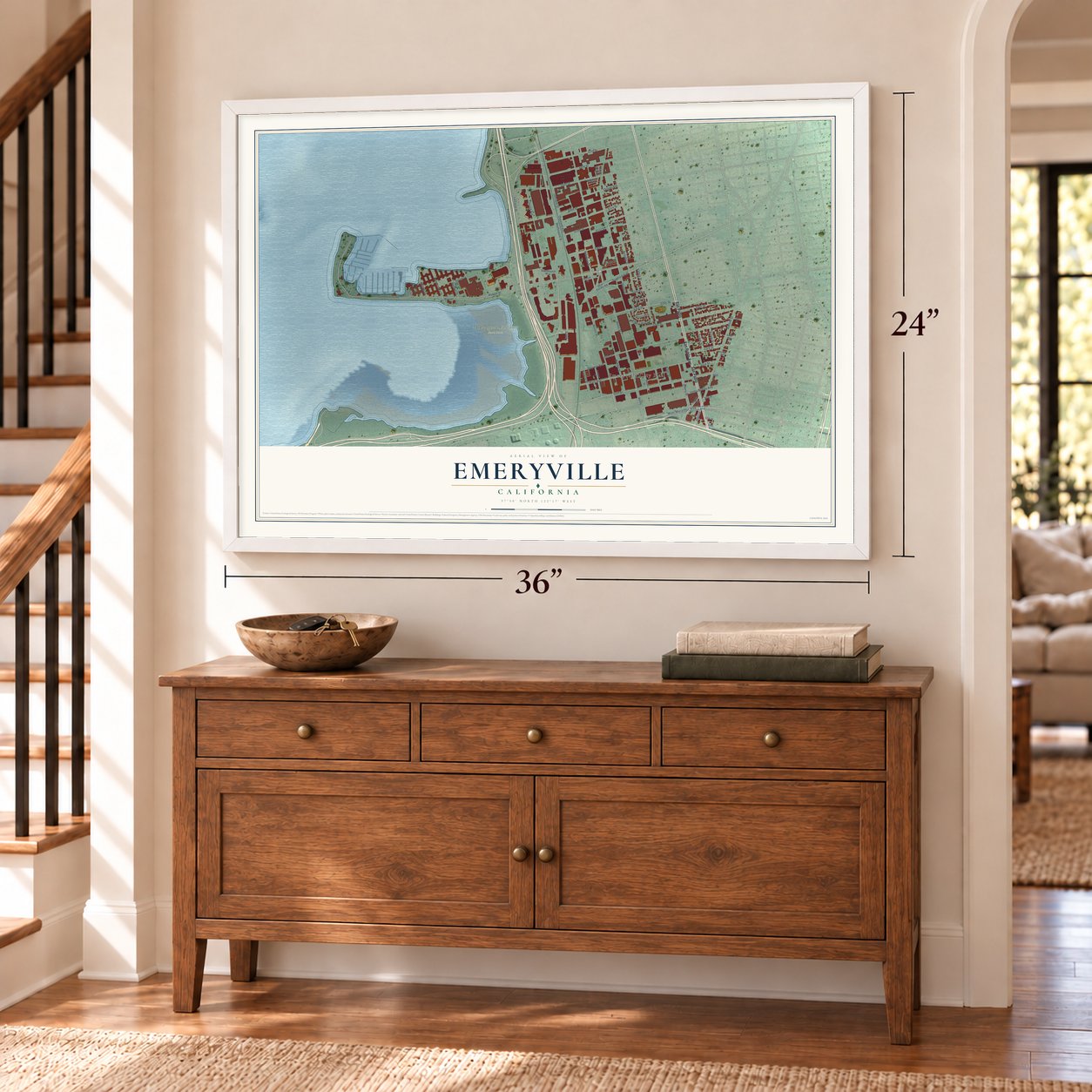 Emeryville, California map, 24 x 36 inch print in a white frame above a dresser by a staircase