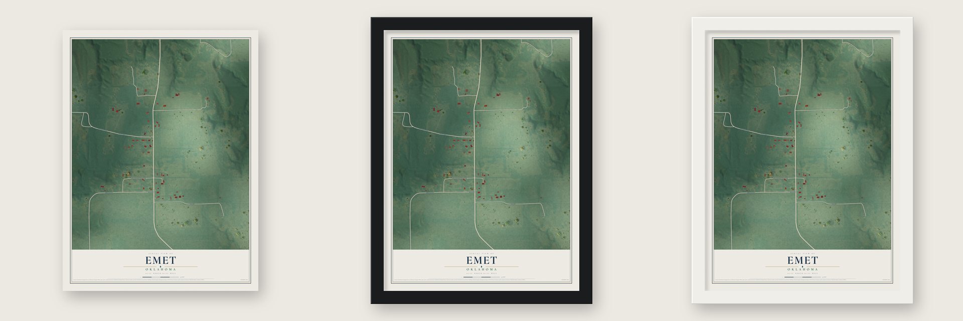 Emet, Oklahoma map unframed, in a black wood frame and in a white wood frame