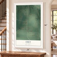 Emet, Oklahoma map, 24 x 36 inch print in a white frame by a staircase