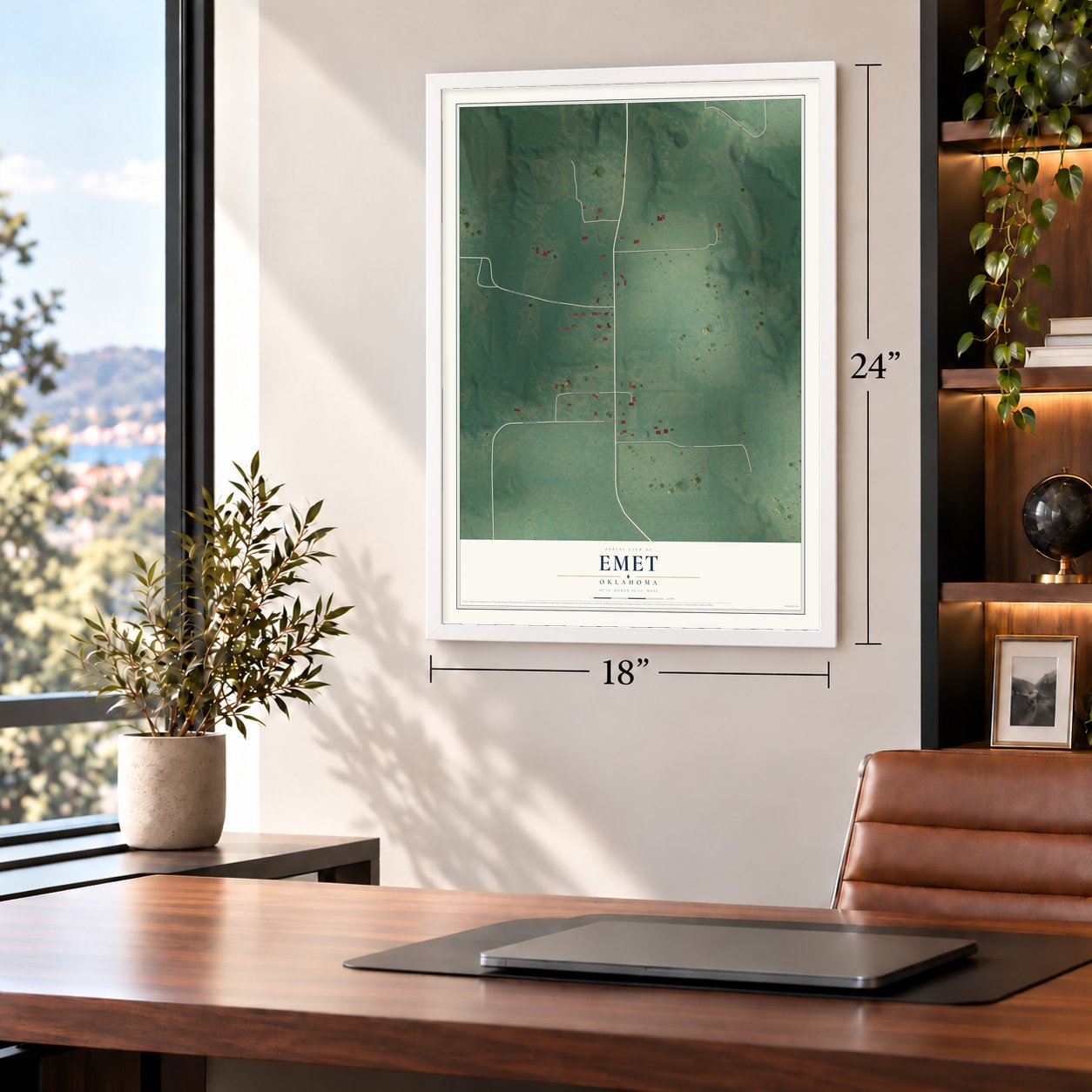 Emet, Oklahoma map, 18 x 24 inch print in a white frame in a home office