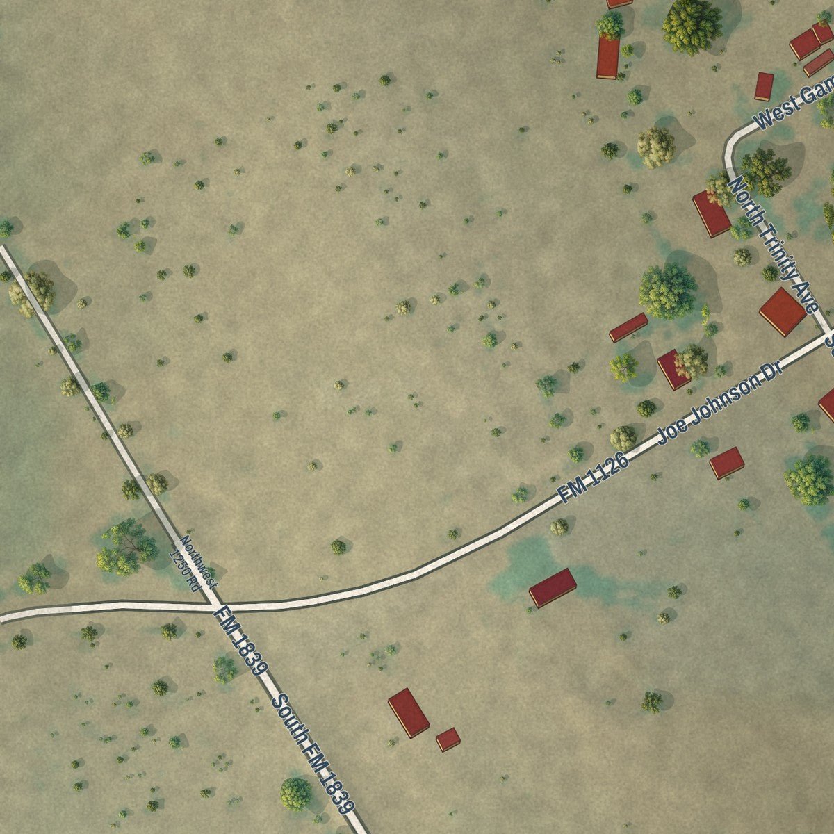 Second close-up of the map of Emhouse, Texas print showing more streets and buildings