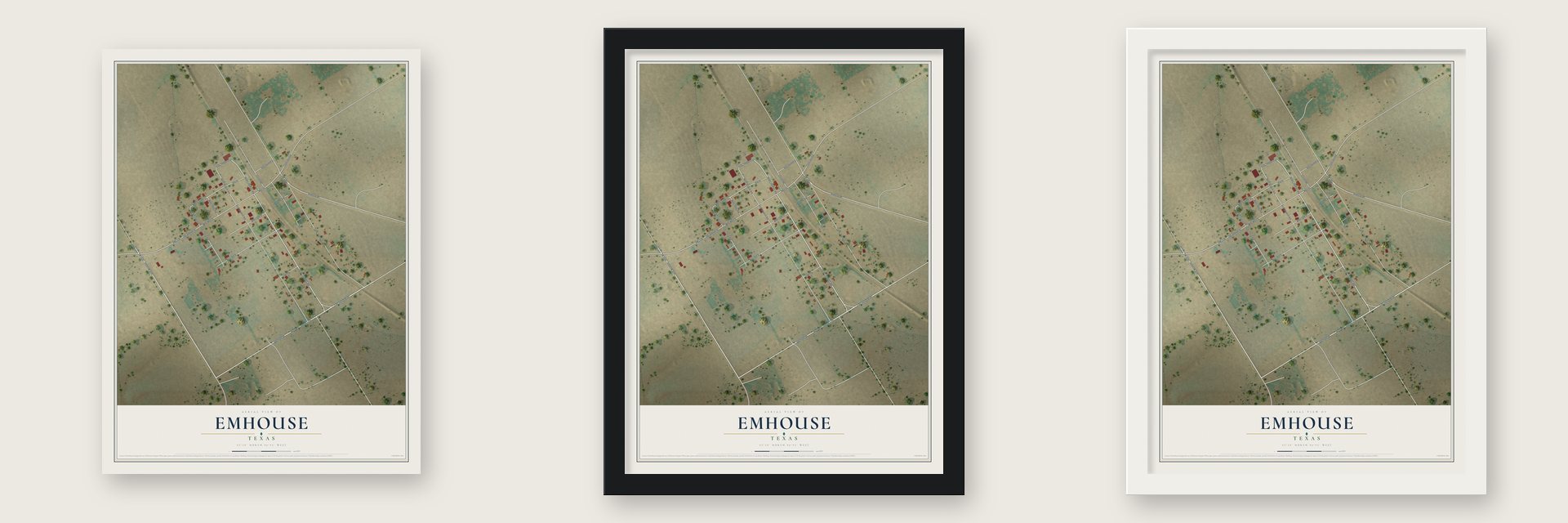 Emhouse, Texas map unframed, in a black wood frame and in a white wood frame