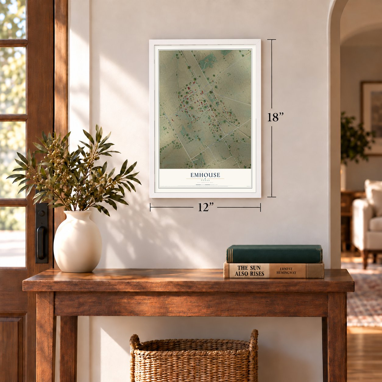 Emhouse, Texas map, 12 x 18 inch print in a white frame in an entryway