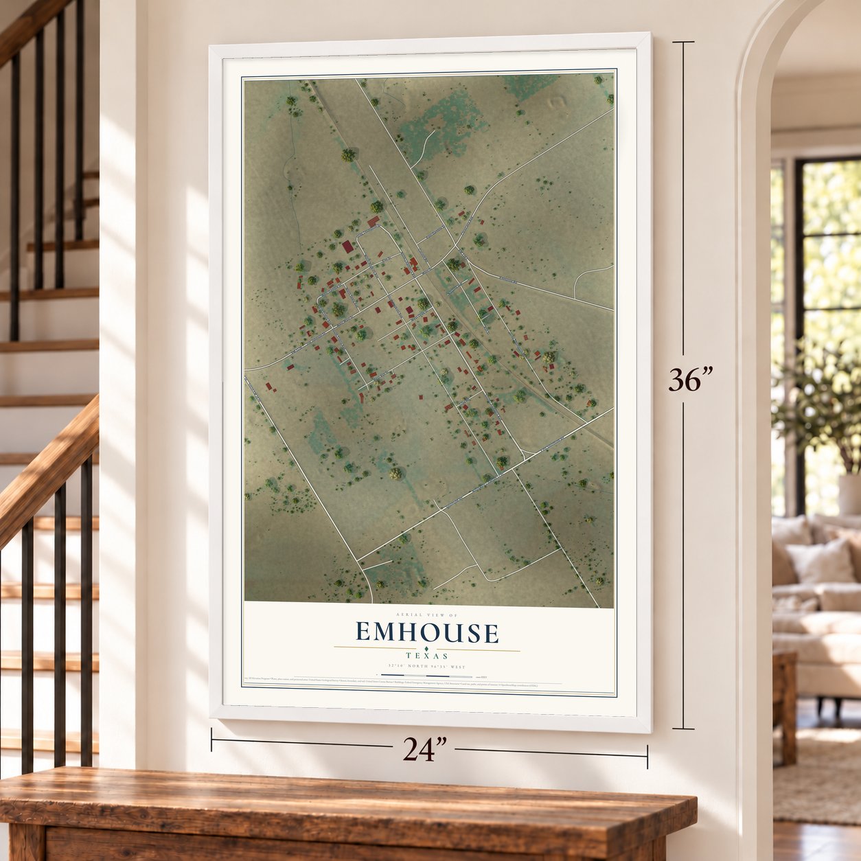 Emhouse, Texas map, 24 x 36 inch print in a white frame by a staircase