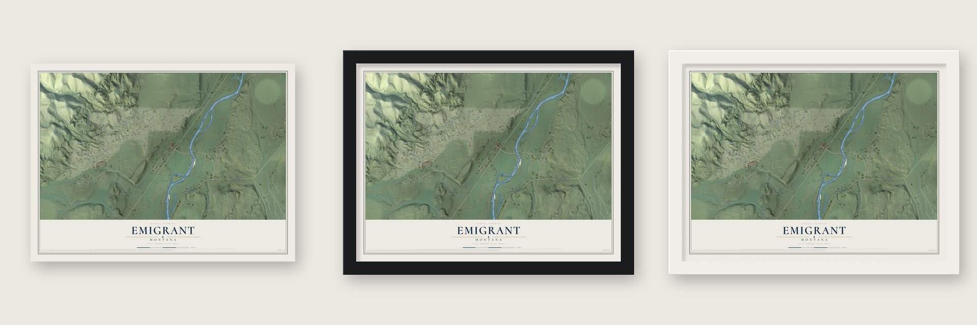 Emigrant, Montana map unframed, in a black wood frame and in a white wood frame