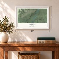 Emigrant, Montana map, 12 x 18 inch print in a white frame in an entryway