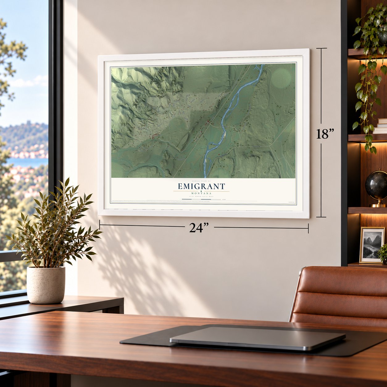 Emigrant, Montana map, 18 x 24 inch print in a white frame in a home office