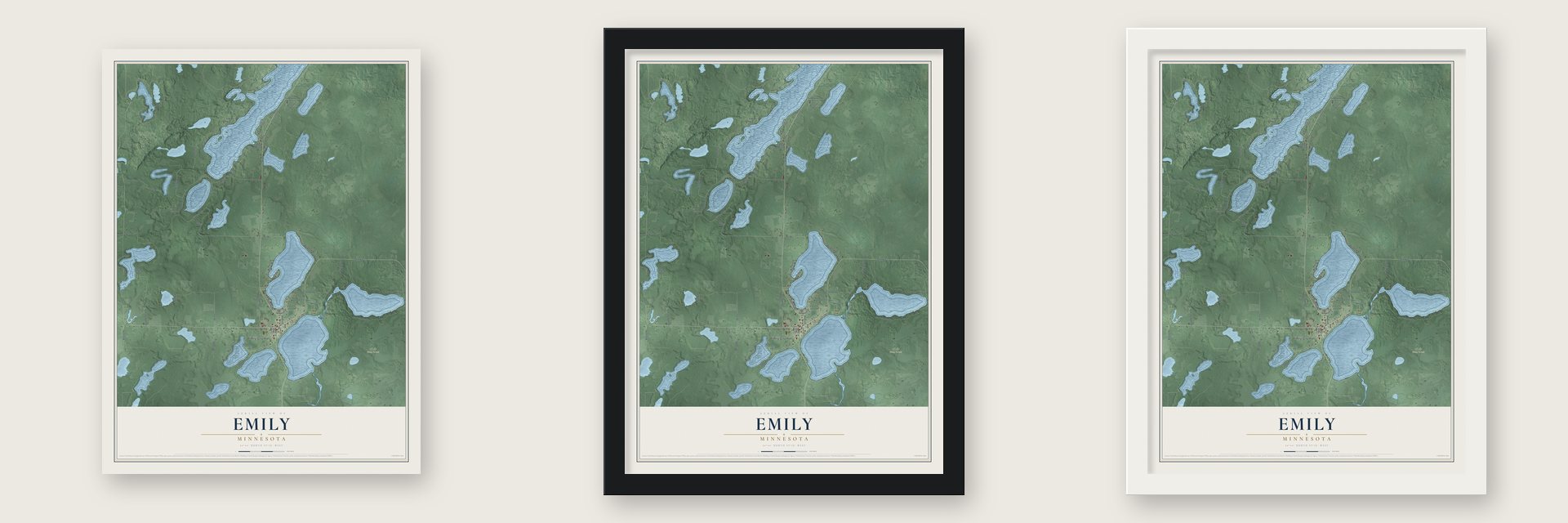 Emily, Minnesota map unframed, in a black wood frame and in a white wood frame