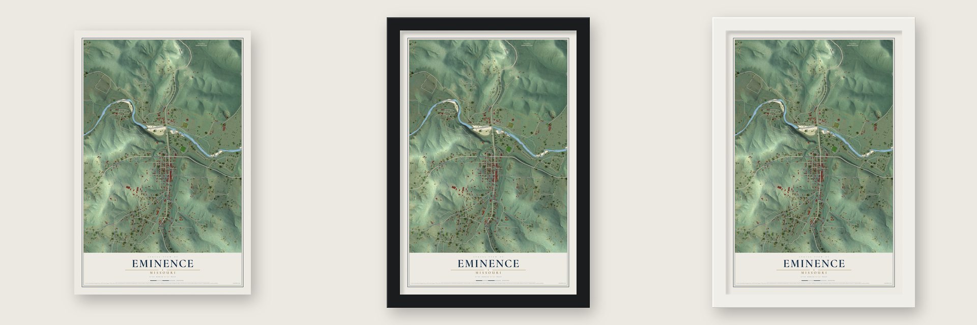 Eminence, Missouri map unframed, in a black wood frame and in a white wood frame