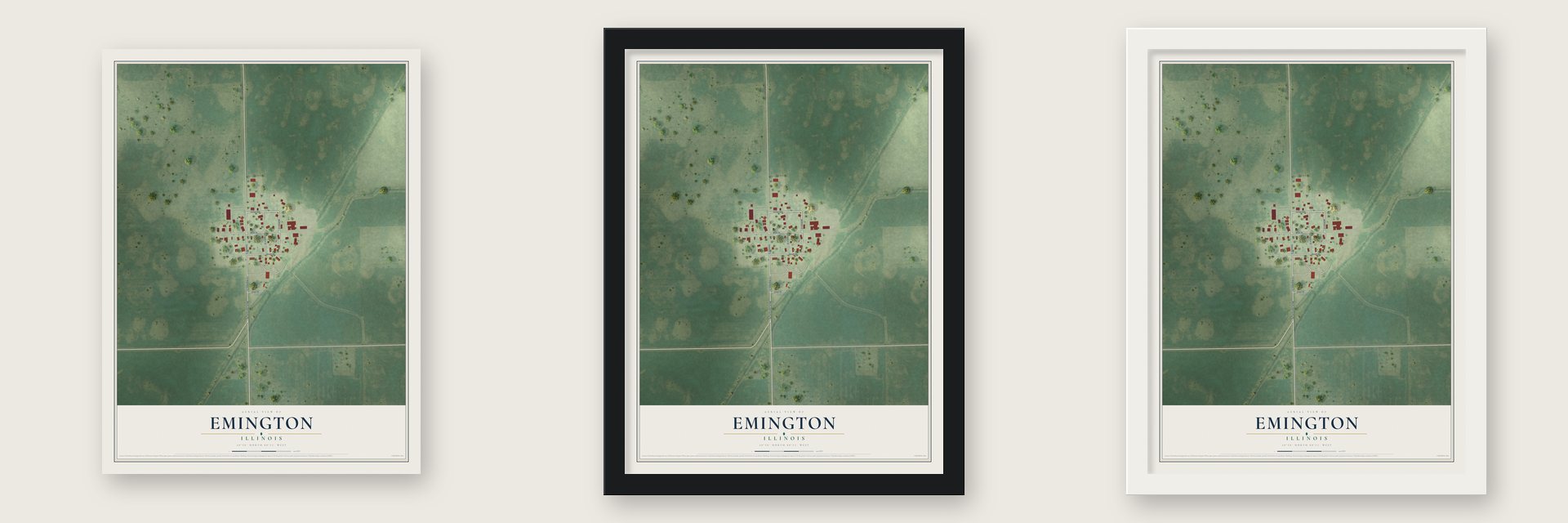 Emington, Illinois map unframed, in a black wood frame and in a white wood frame
