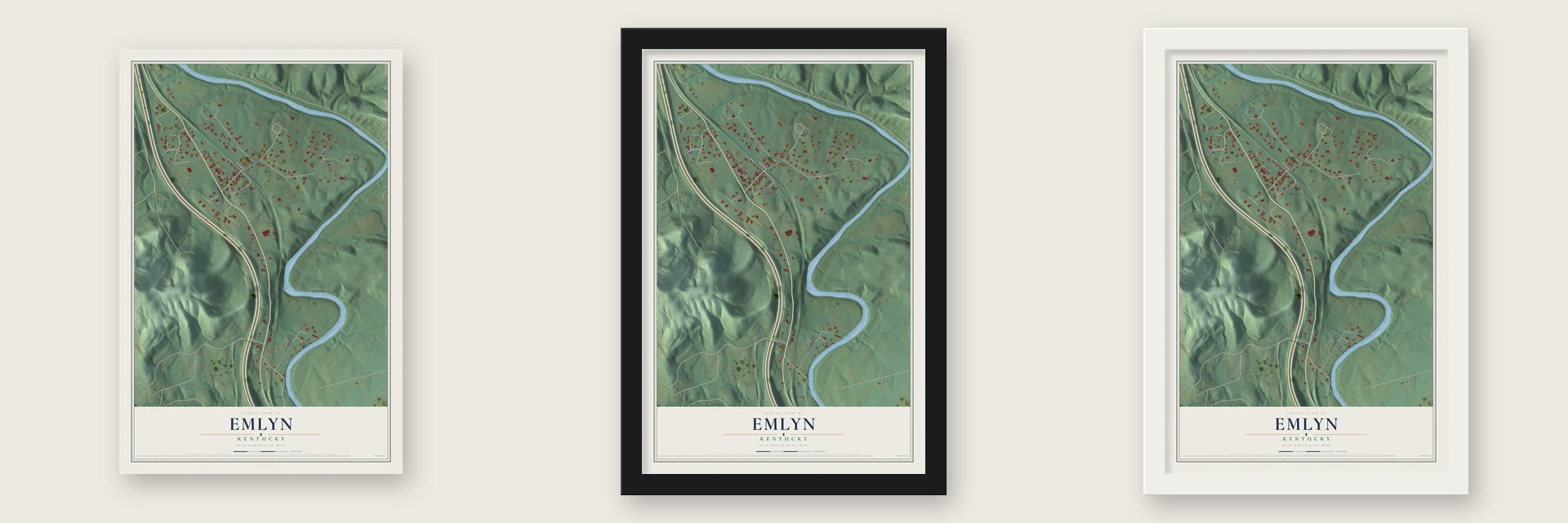 Emlyn, Kentucky map unframed, in a black wood frame and in a white wood frame