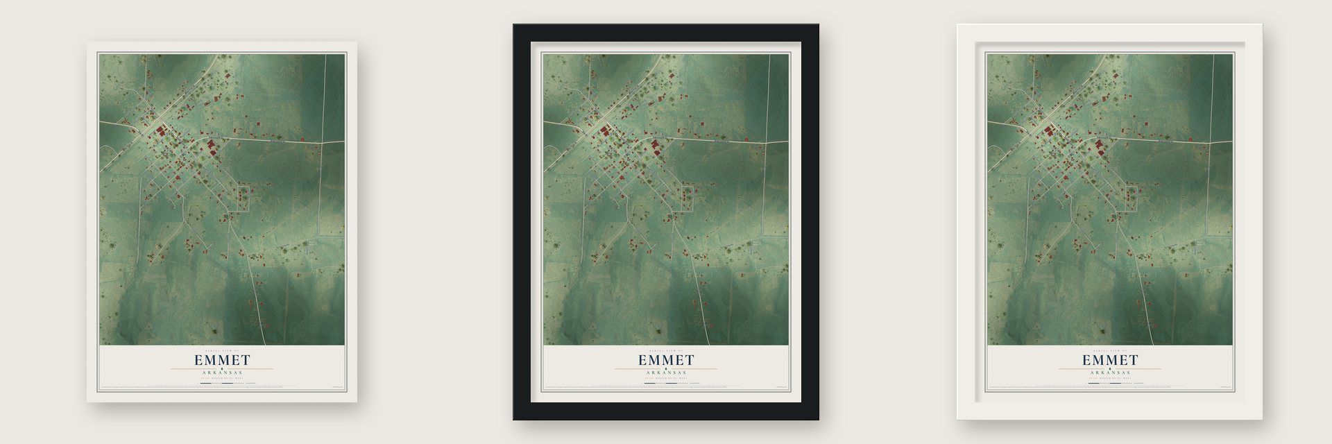 Emmet, Arkansas map unframed, in a black wood frame and in a white wood frame