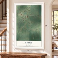 Emmet, Arkansas map, 24 x 36 inch print in a white frame by a staircase