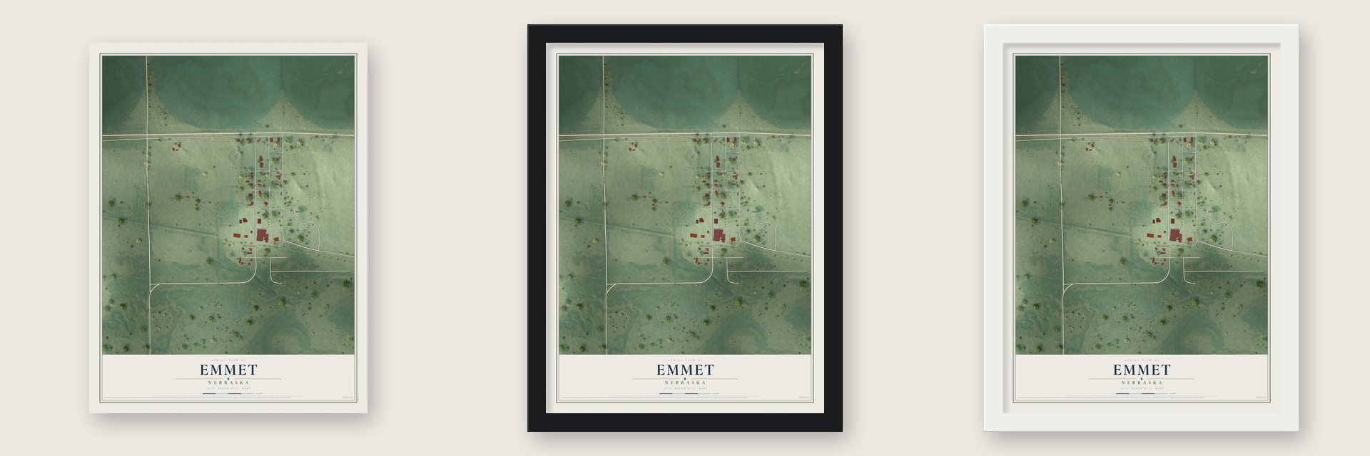 Emmet, Nebraska map unframed, in a black wood frame and in a white wood frame