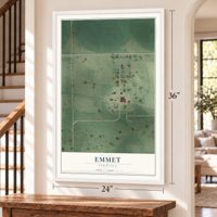 Emmet, Nebraska map, 24 x 36 inch print in a white frame by a staircase