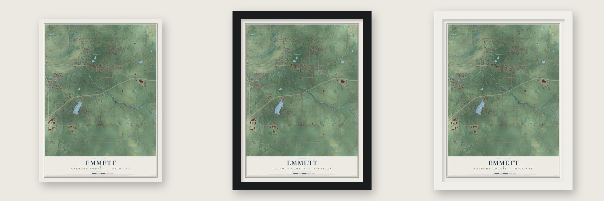 Emmett, Calhoun County, Michigan map unframed, in a black wood frame and in a white wood frame