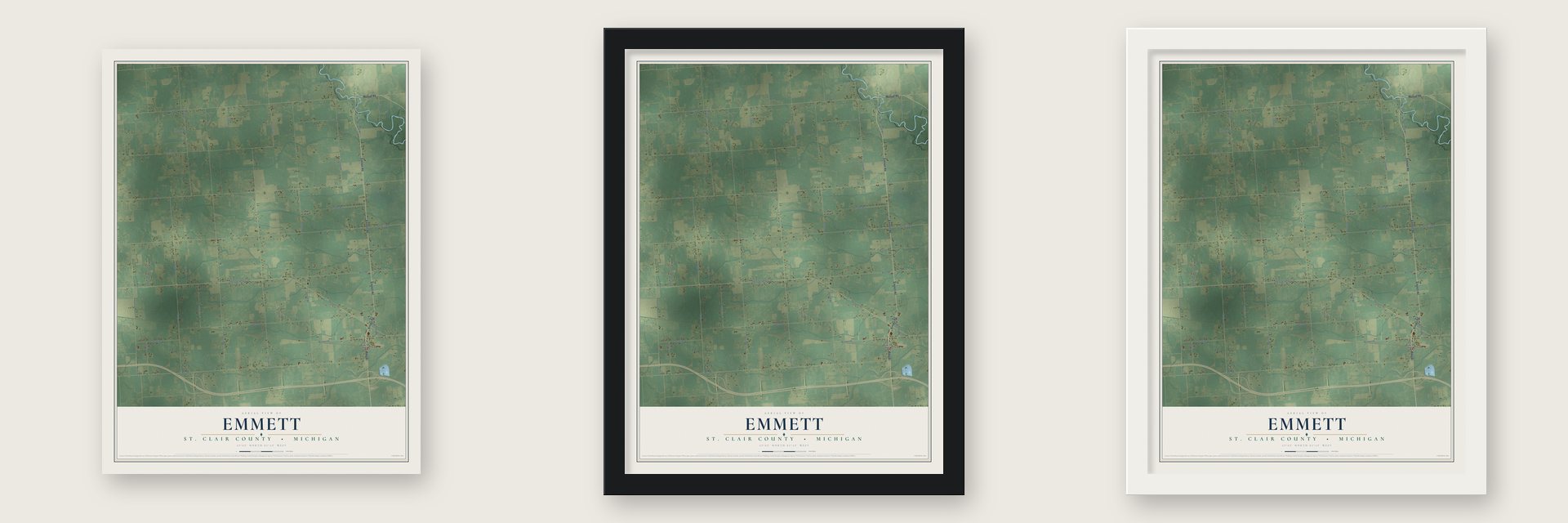 Emmett, St. Clair County, Michigan map unframed, in a black wood frame and in a white wood frame