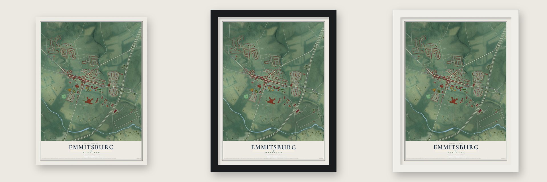 Emmitsburg, Maryland map unframed, in a black wood frame and in a white wood frame