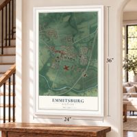 Emmitsburg, Maryland map, 24 x 36 inch print in a white frame by a staircase