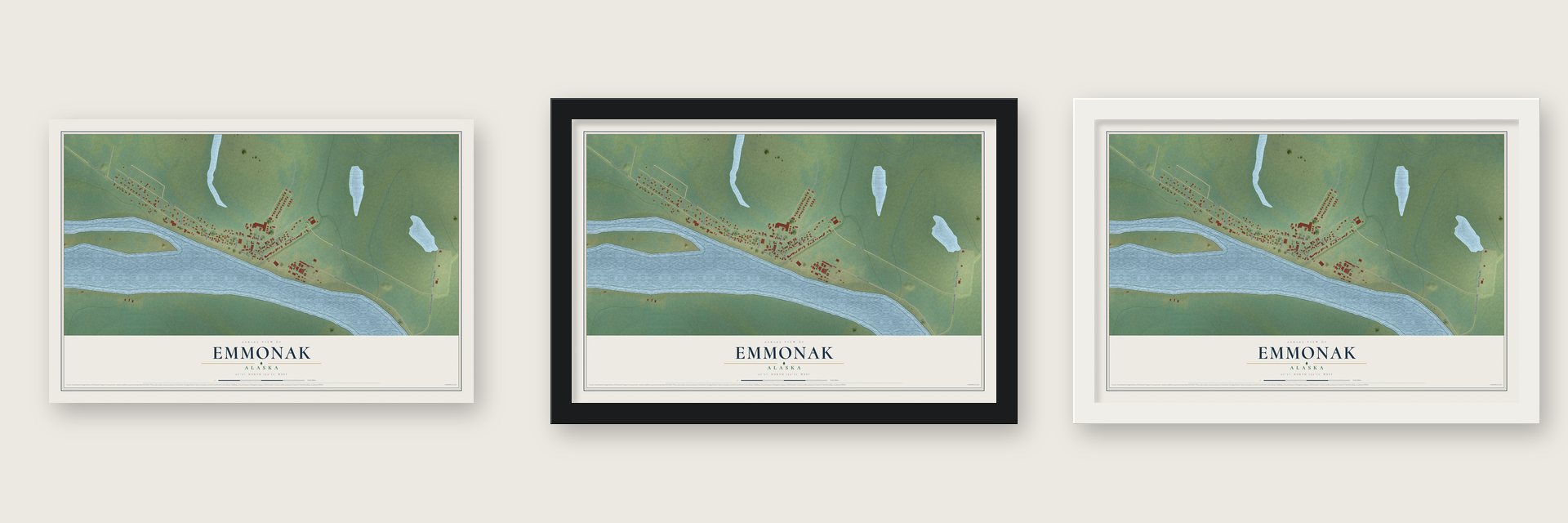 Emmonak, Alaska map unframed, in a black wood frame and in a white wood frame