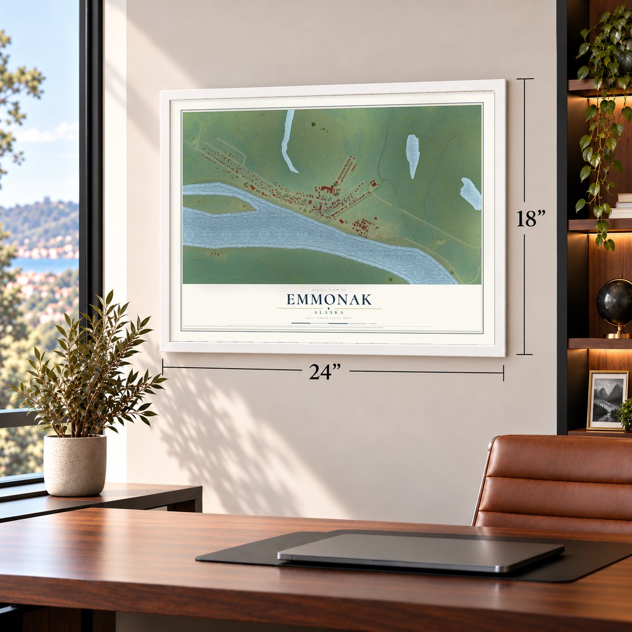 Emmonak, Alaska map, 18 x 24 inch print in a white frame in a home office