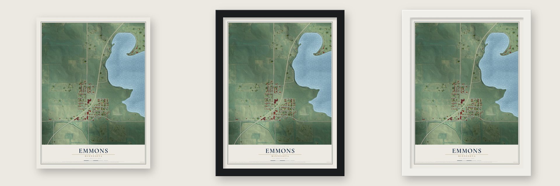 Emmons, Minnesota map unframed, in a black wood frame and in a white wood frame