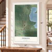 Emmons, Minnesota map, 24 x 36 inch print in a white frame by a staircase