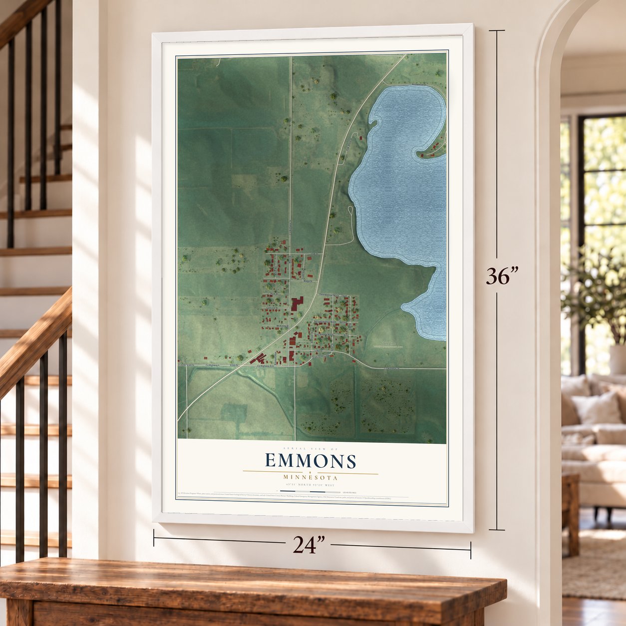 Emmons, Minnesota map, 24 x 36 inch print in a white frame by a staircase