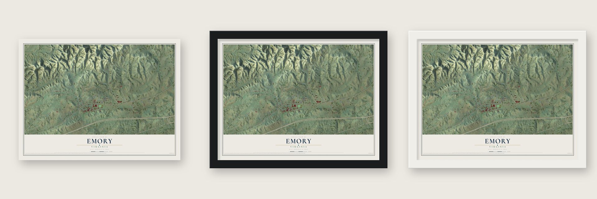 Emory, Virginia map unframed, in a black wood frame and in a white wood frame
