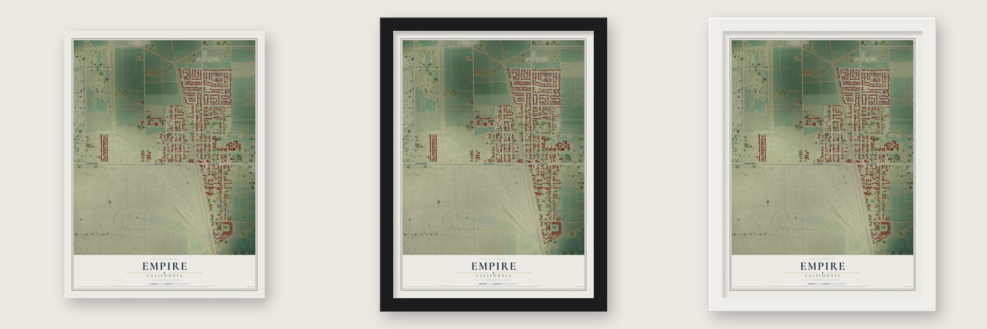 Empire, California map unframed, in a black wood frame and in a white wood frame