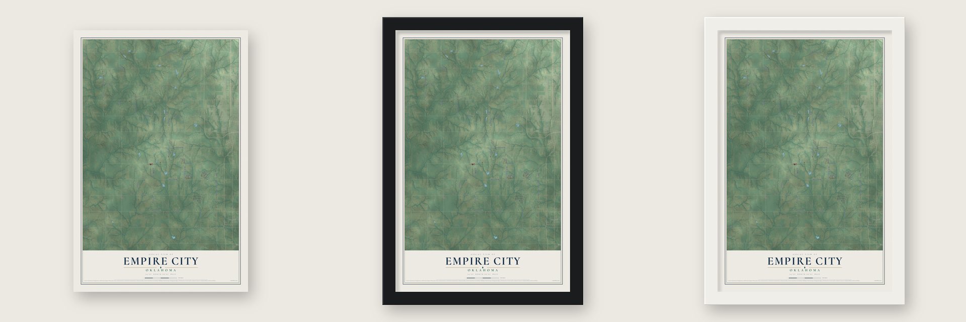 Empire City, Oklahoma map unframed, in a black wood frame and in a white wood frame