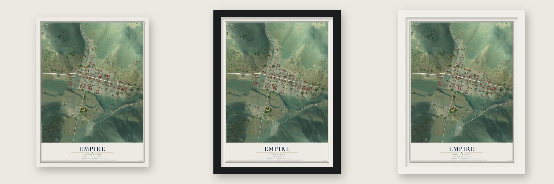 Empire, Colorado map unframed, in a black wood frame and in a white wood frame