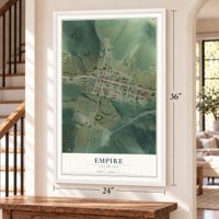 Empire, Colorado map, 24 x 36 inch print in a white frame by a staircase