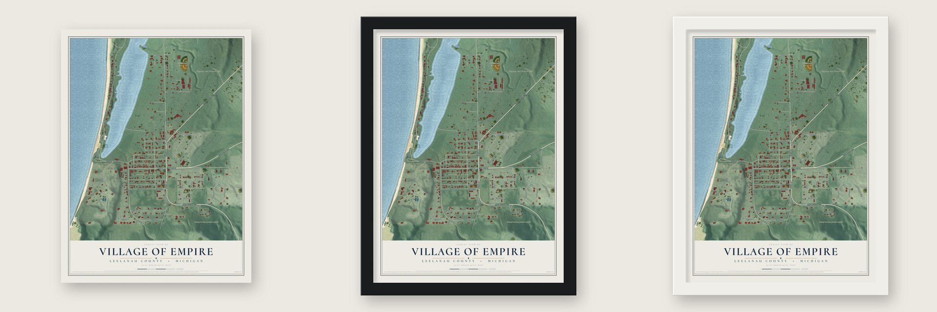 Empire, Michigan map unframed, in a black wood frame and in a white wood frame