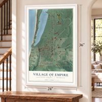 Empire, Michigan map, 24 x 36 inch print in a white frame by a staircase
