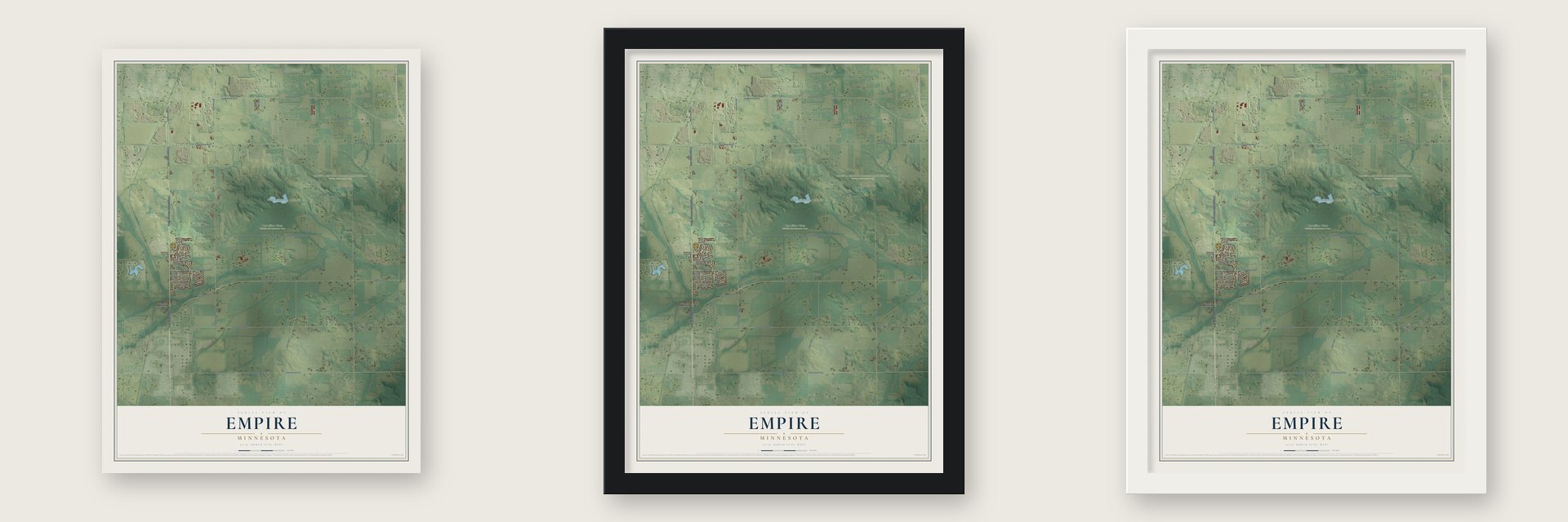 Empire, Minnesota map unframed, in a black wood frame and in a white wood frame