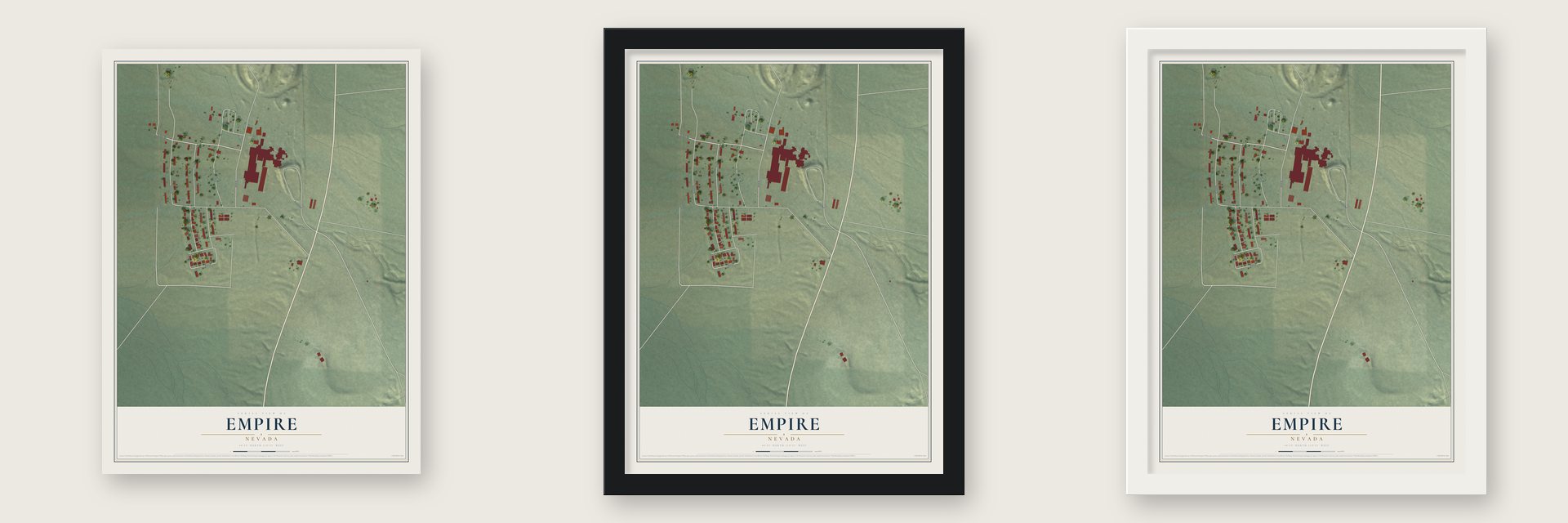 Empire, Nevada map unframed, in a black wood frame and in a white wood frame
