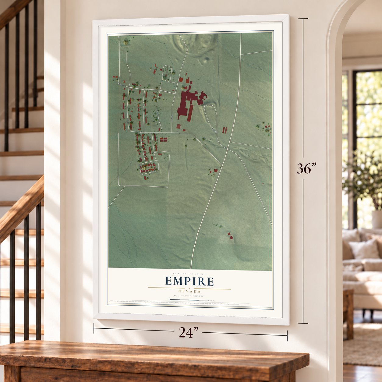 Empire, Nevada map, 24 x 36 inch print in a white frame by a staircase