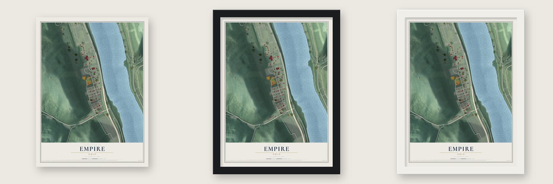 Empire, Ohio map unframed, in a black wood frame and in a white wood frame