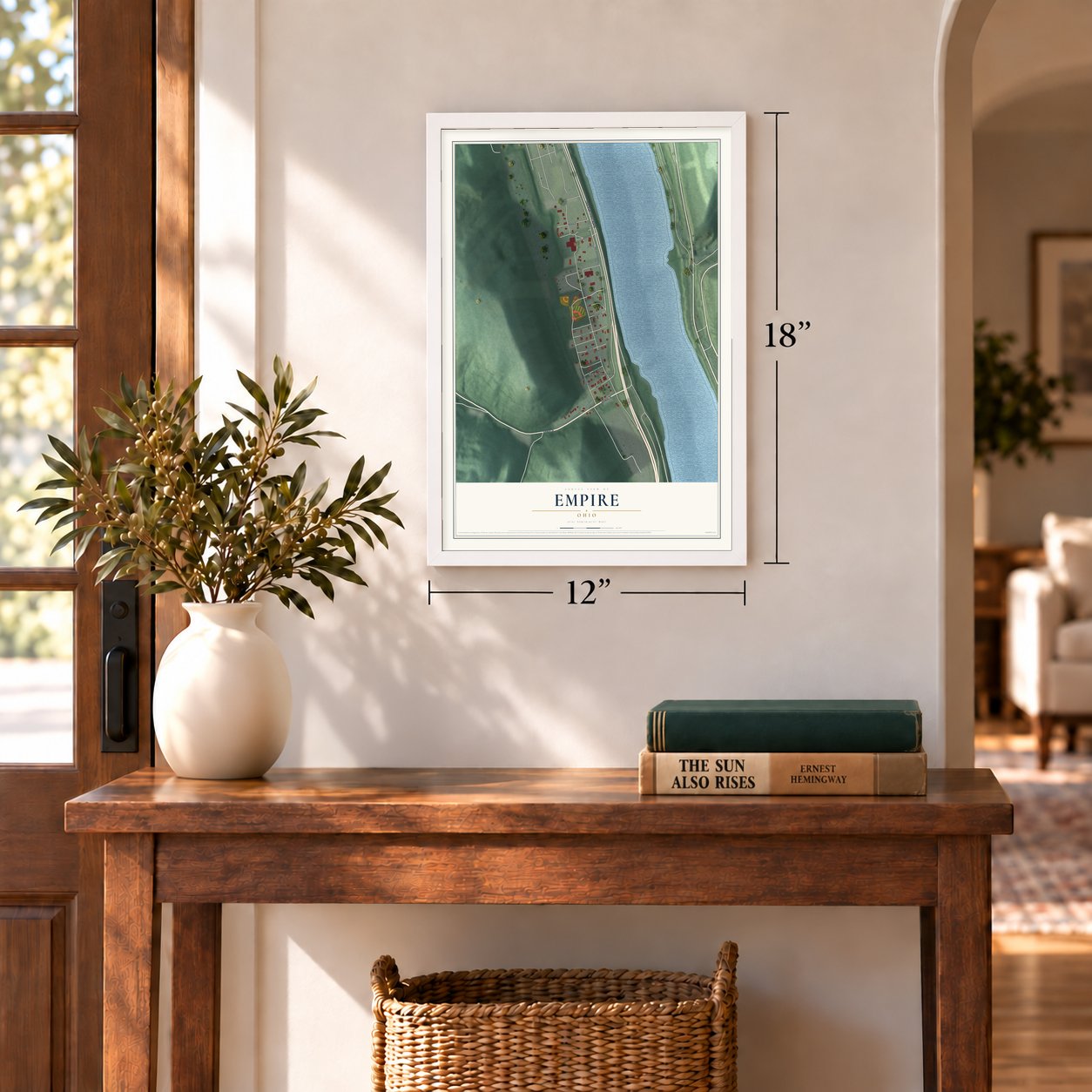 Empire, Ohio map, 12 x 18 inch print in a white frame in an entryway