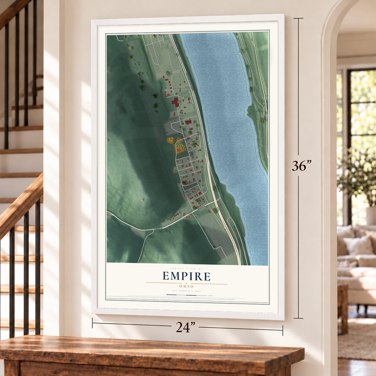 Empire, Ohio map, 24 x 36 inch print in a white frame by a staircase