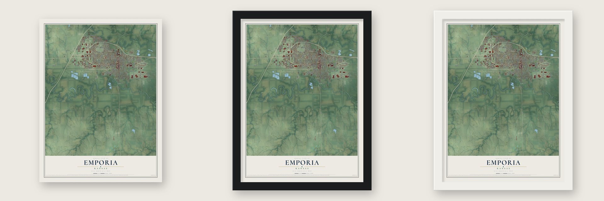 Emporia, Kansas map unframed, in a black wood frame and in a white wood frame